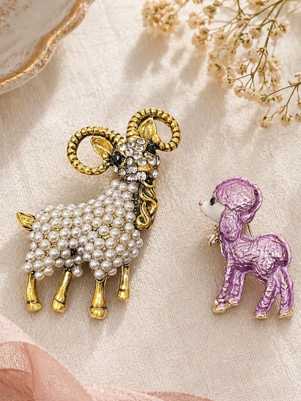 Set of 2 Pearl Ram and Purple Lamb Brooches Pins Rhinestones in Gift Box